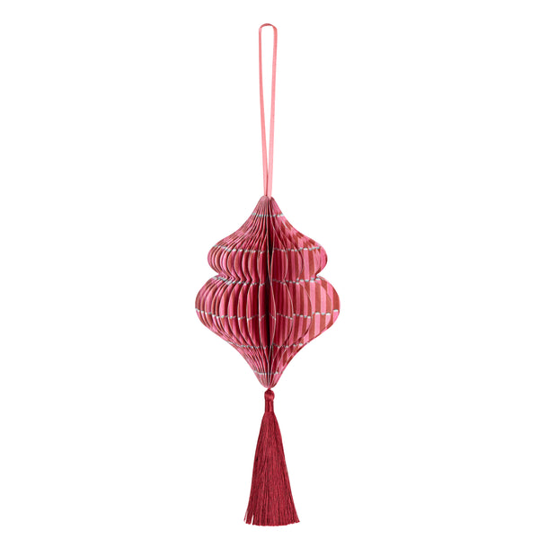 Our honeycomb Christmas tree decorations feature Molly Mahon block print designs in seasonal colours with shimmering tinsel tassels. Image7