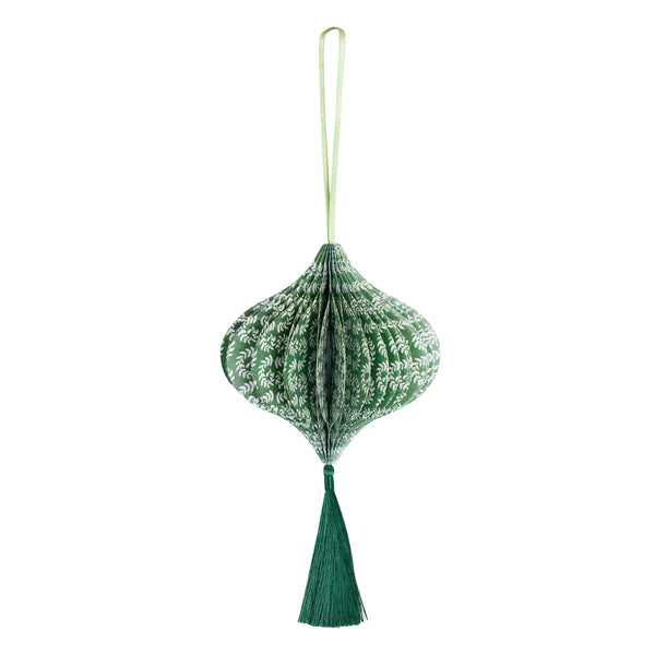 Our honeycomb Christmas tree decorations feature Molly Mahon block print designs in seasonal colours with shimmering tinsel tassels. Image5