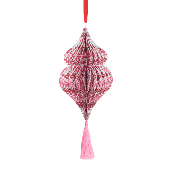 Our hanging Christmas decorations, made from honeycomb, feature stylish Molly Mahon prints designs and shimmering tinsel tassels. Image5