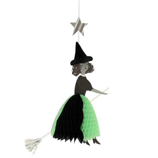 Our Halloween hanging decorations feature happy witches with honeycomb details, and shiny silver stars and a moon. Image4