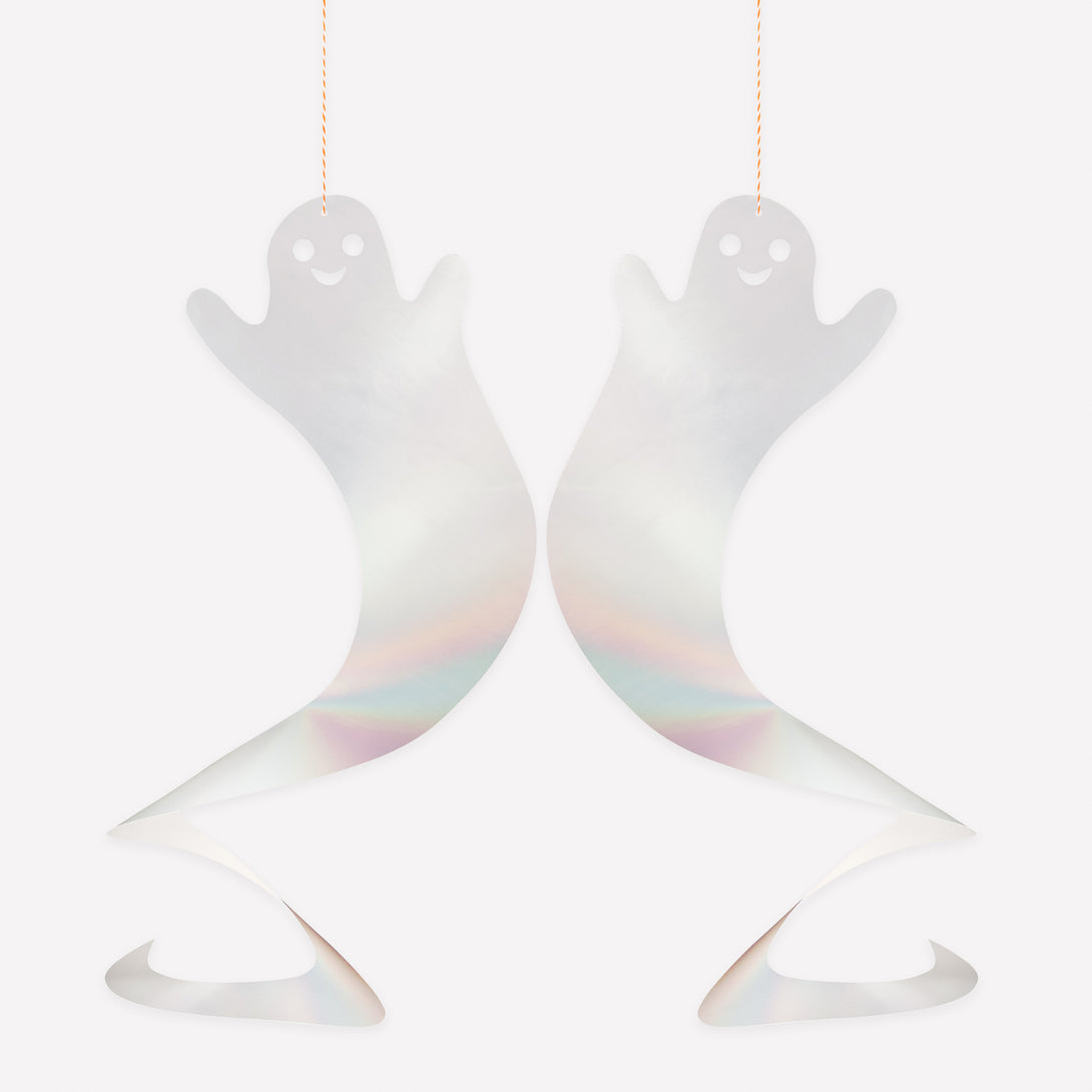 Our ghost decorations, with silver holographic foil, are perfect to add to your Halloween hanging decorations, designed to spin for great effect. Image1