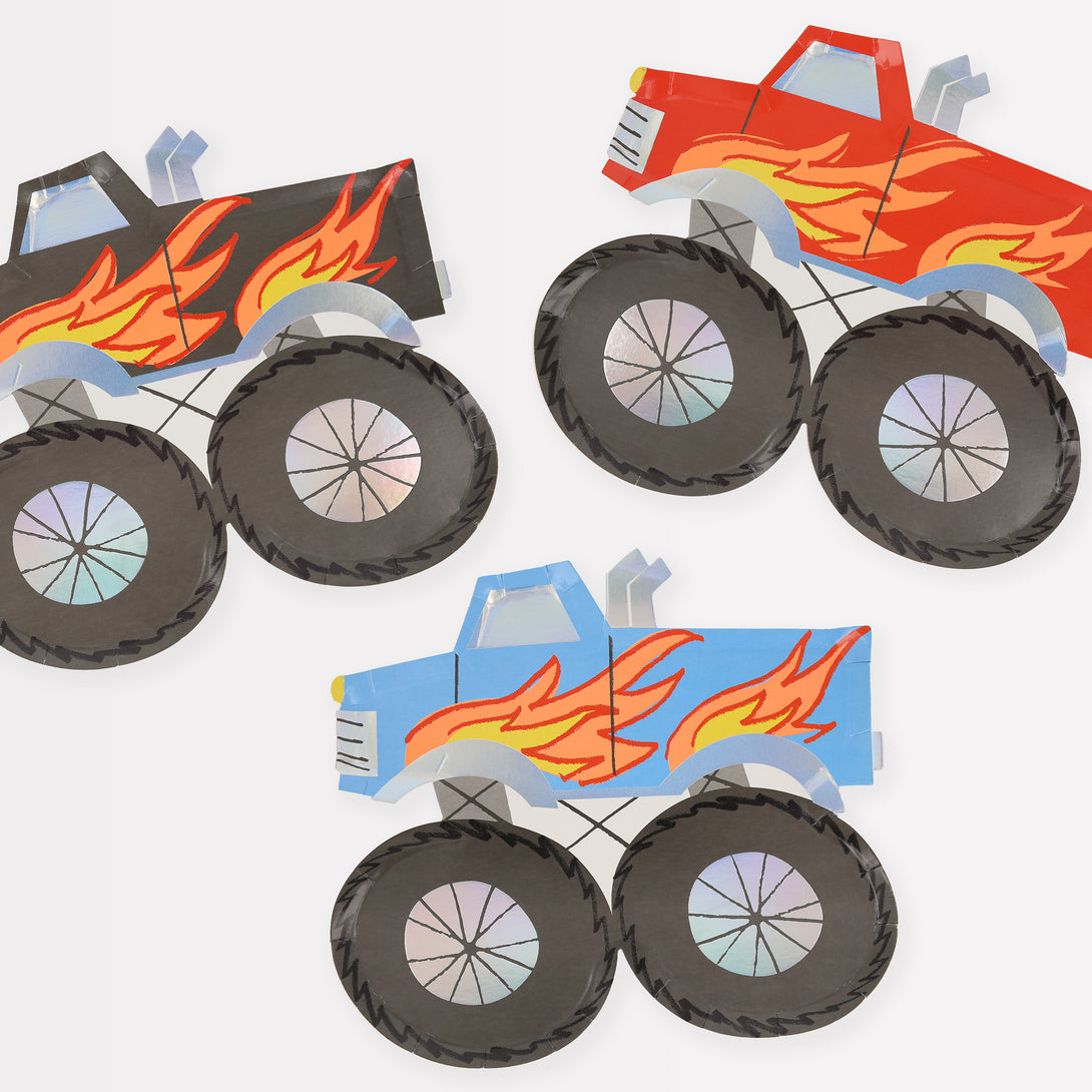 Our party plates are made in the shape of cool monster trucks, perfect for a monster truck party or a transport party.