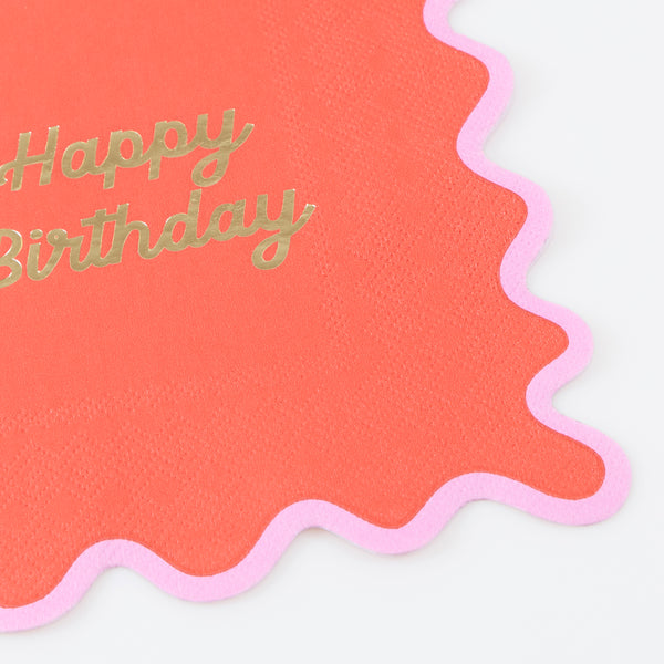 Our birthday napkins, made from 3-ply paper, feature four bright colourways, a ricrac style edge, and a shiny gold foil birthday message. Image3