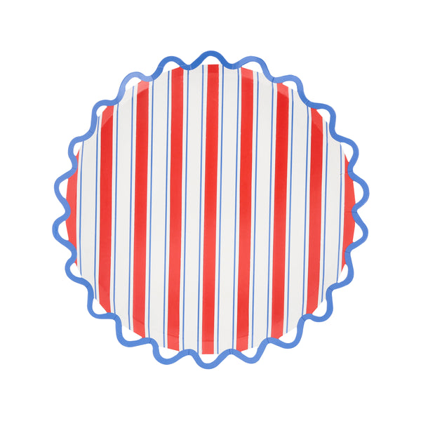 Our side plates, made from paper with a wavy edge, feature bright nautical stripes in red, blue and white, ideal for summery gatherings. Image5