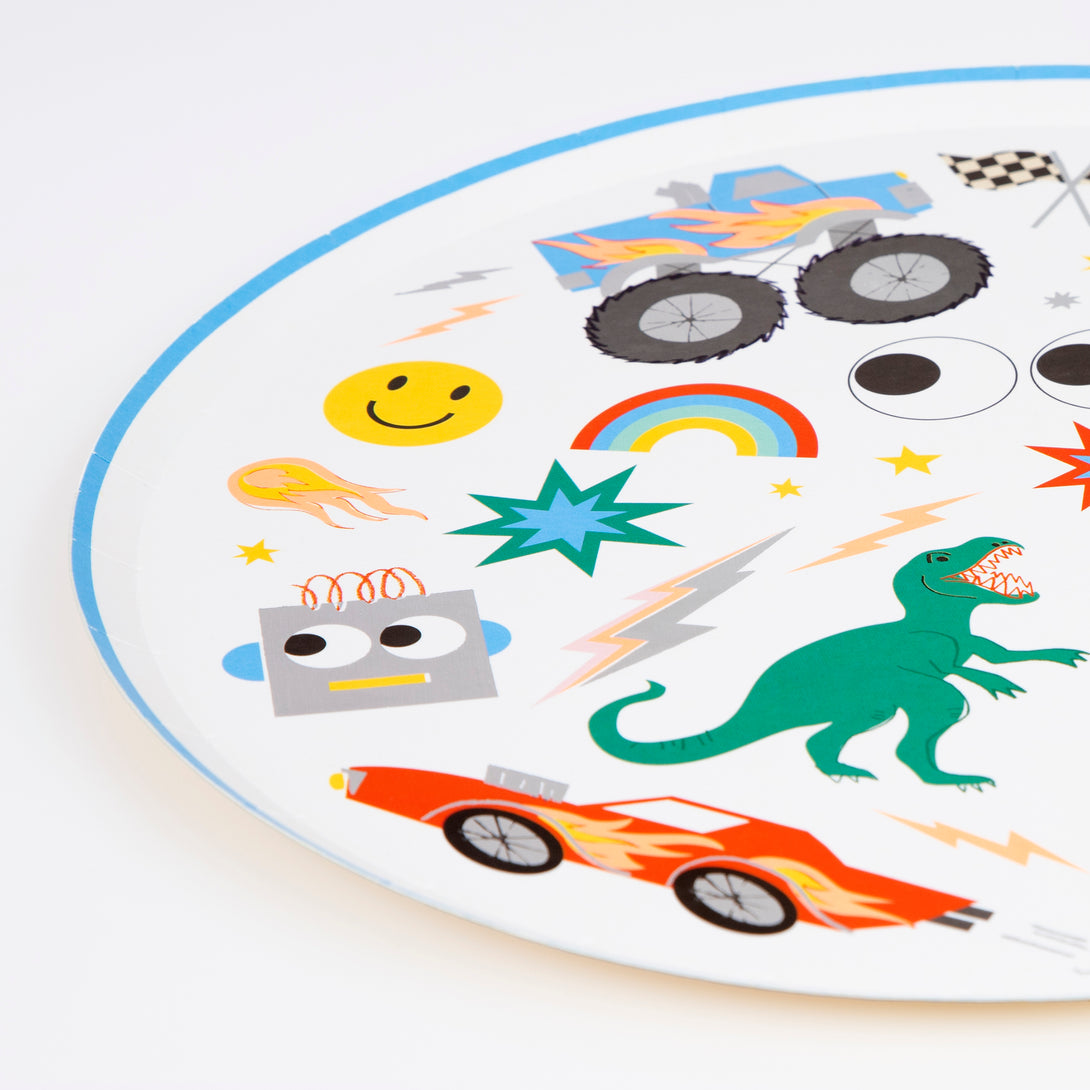 Use our party plates, with a retro bold and bright toy design, to make your birthday party look really great.