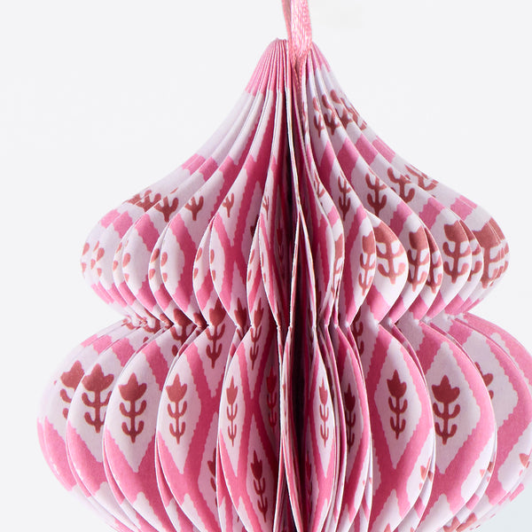 Our honeycomb Christmas tree decorations feature Molly Mahon block print designs in seasonal colours with shimmering tinsel tassels. Image3