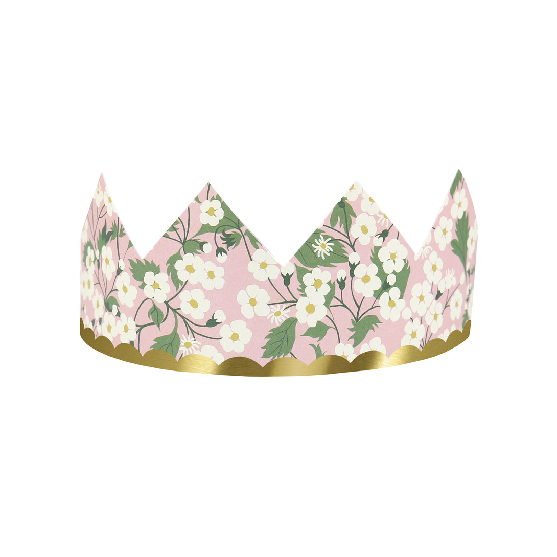 Our sophisticated paper hats are crowns with Liberty print designs, pink ribbons and gold foil, perfect for bridal showers and baby showers.