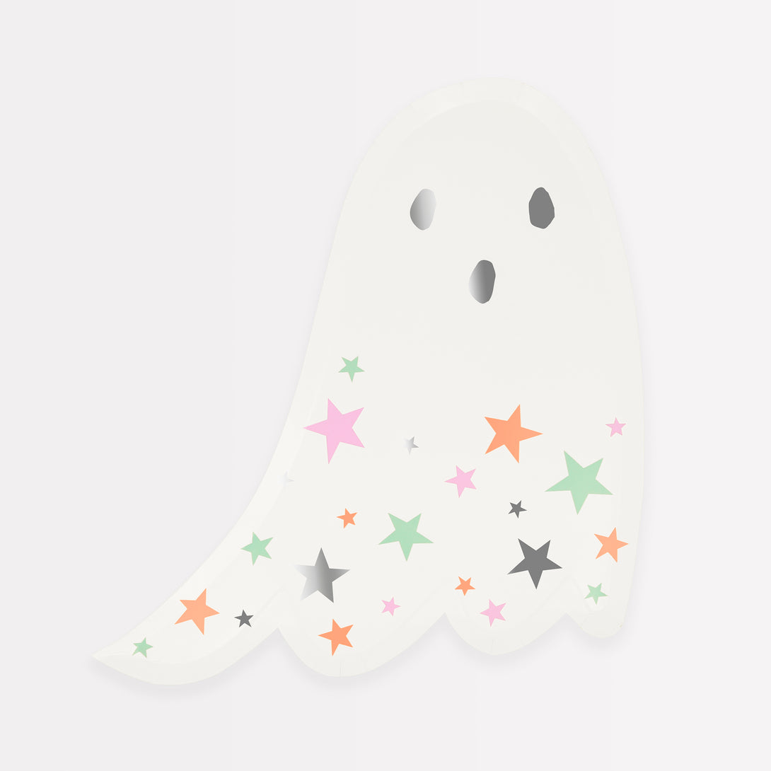 Our colourful ghost plates feature bright stars and shiny silver foil, to look amazing at your Halloween party.