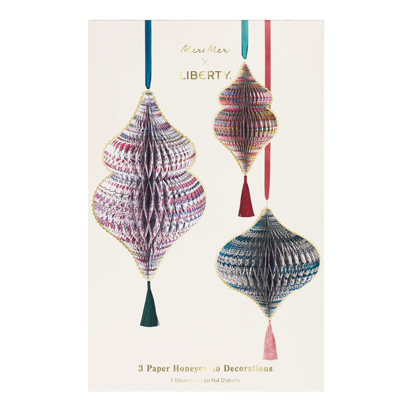 Our large Christmas decorations feature 3D honeycomb details, Liberty print designs in rich seasonal colours, tassels and satin ribbons. Image7