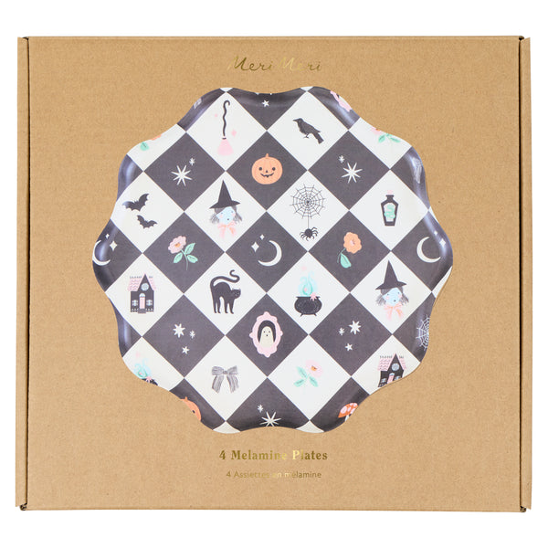 Our Halloween plates, made from melamine resin and cellulose, feature a vibrant patchwork patter and happy Halloween characters and icons. Image3