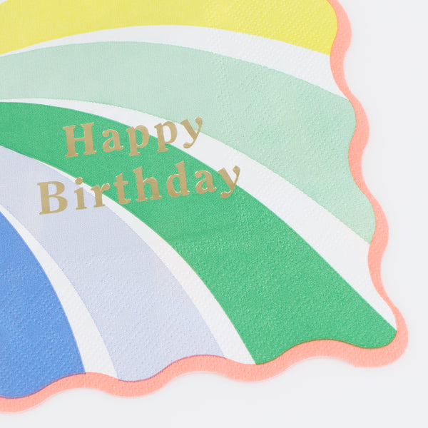 Our birthday paper napkins, in a large size, feature bright swirls of rainbow colours and a shiny gold foil Happy Birthday, colourful and fun. Image2