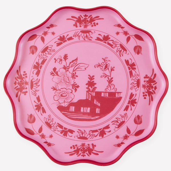 Our reusable plates are made from melamine, in a pretty pink shade with a botanical print transfer, ideal for garden parties and afternoon tea. Image1