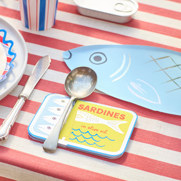 Our party napkins, made from paper, are designed to look like a tin of sardines, perfect for an ocean-themed party or summer celebration. Image2