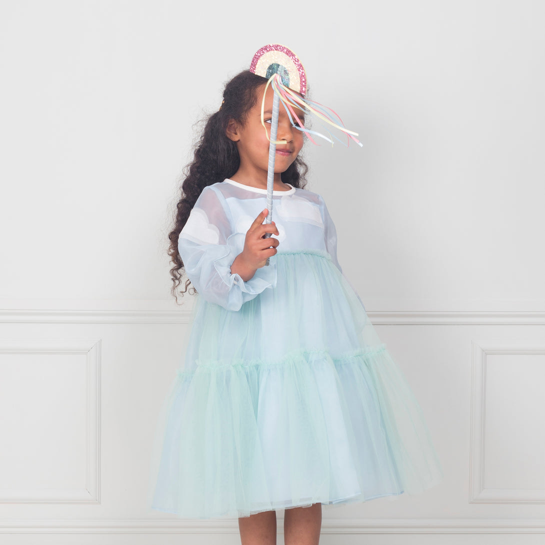 Kids will love our cloud costume, a fabulous girls costume with a blue organza dress with a green tulle layered skirt. Image3