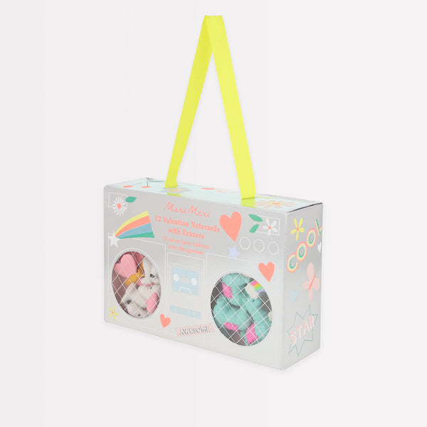 Our Valentine's card set is presented in a paper boom box design and includes cards and animal erasers, the perfect Valentine's cards for kids. Image8