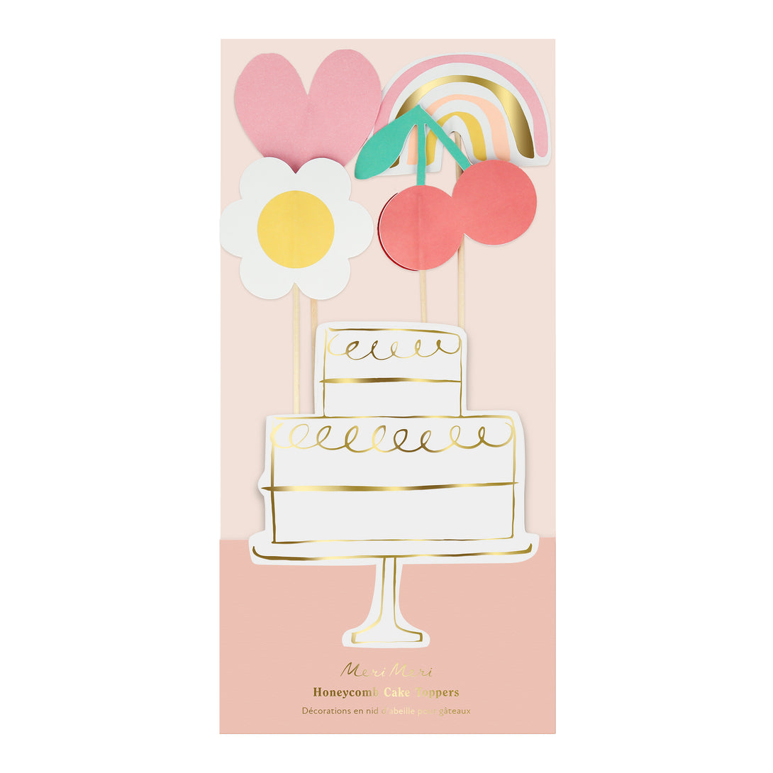Our cake topper set with 3D embellishments and gold foil are the perfect instant cake decorations.