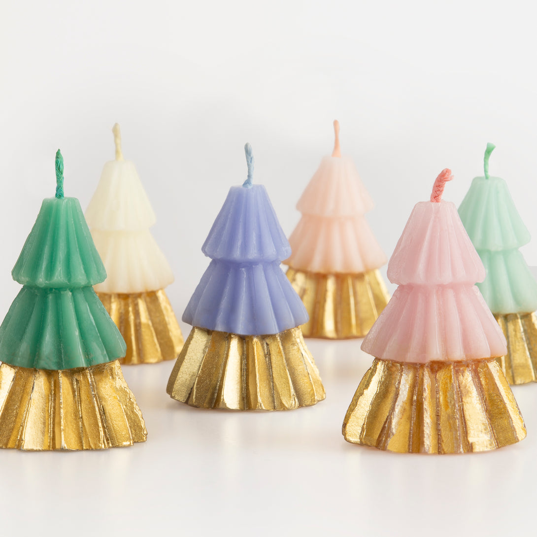 Our Christmas tree candles come in 6 delightful colours with shiny gold ink bases, they make wonderful Christmas host gifts.