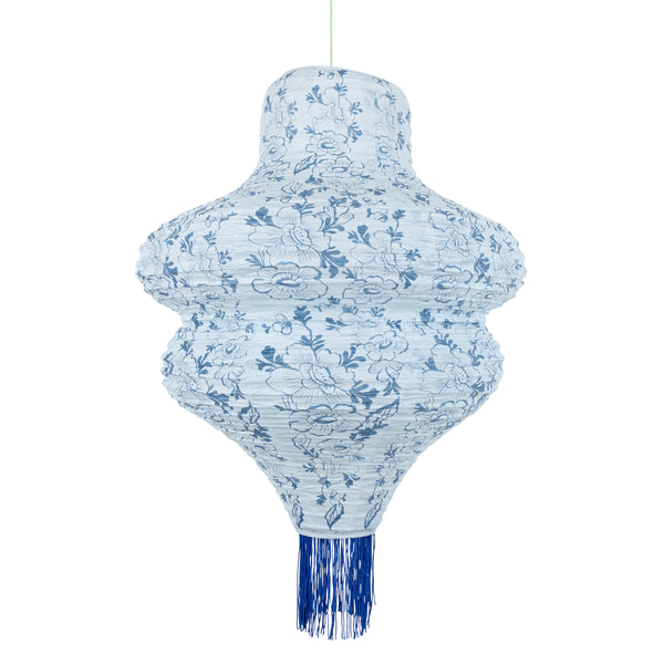 Our paper lanterns set, of three, come in mint, blue and pink, with round, wavy and oval shapes, with blue botanical illustrations and blue tassels. Image5