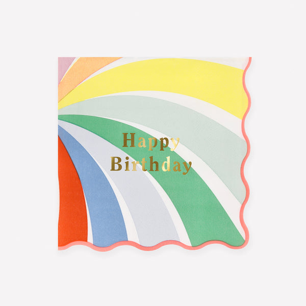 Our birthday paper napkins, in a large size, feature bright swirls of rainbow colours and a shiny gold foil Happy Birthday, colourful and fun. Image1