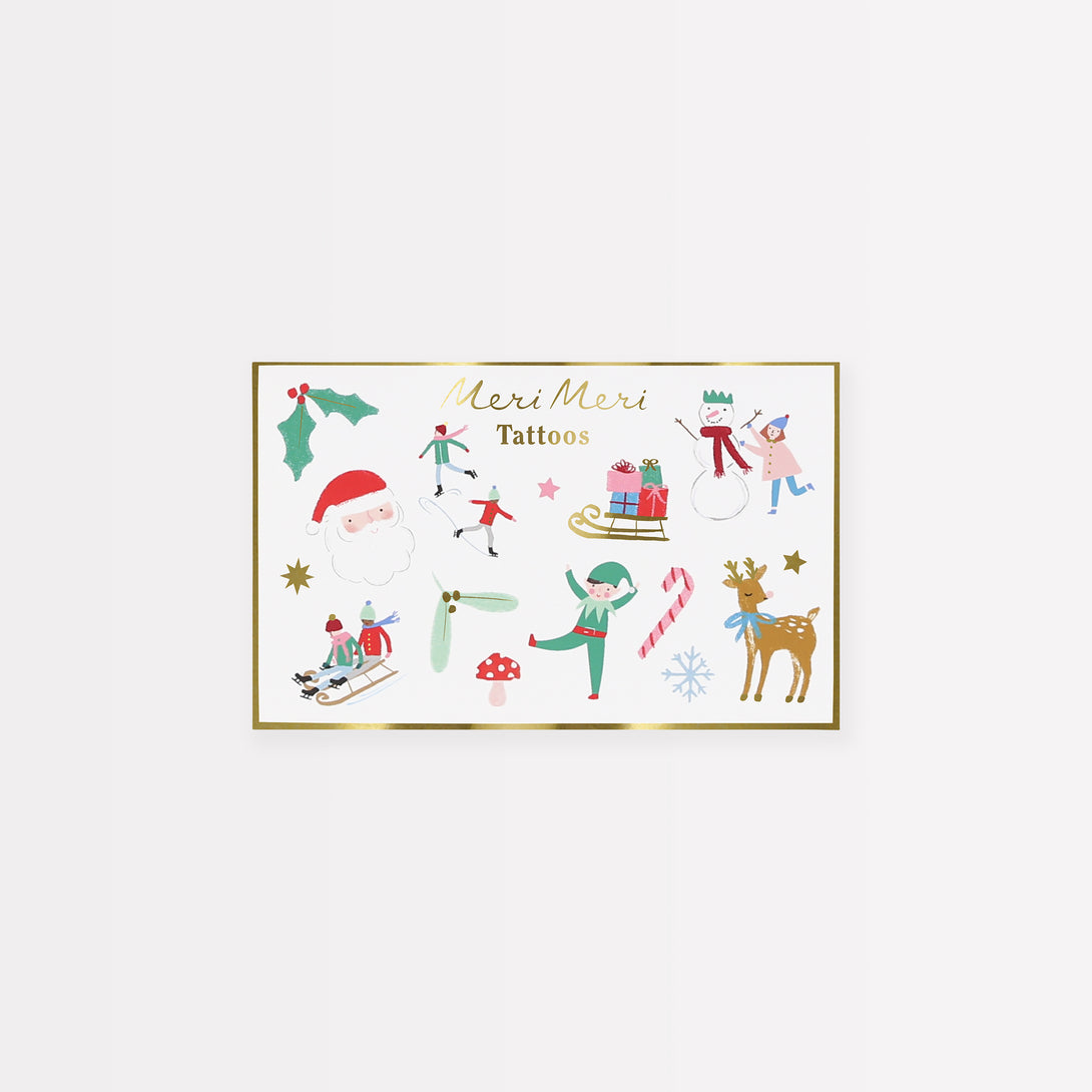 Our Christmas temporary tattoos feature classic Christmas icons and lots of shiny gold foil details.