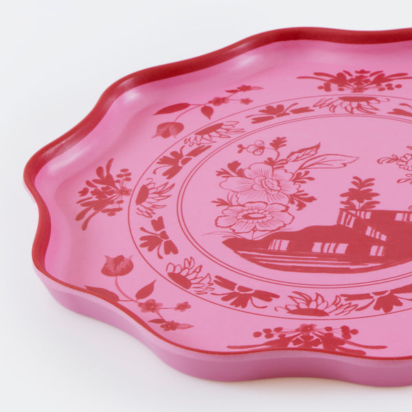 Our small melamine plates, in two shades of pink, feature a wonderful botanical print transfer, ideal for garden parties or baby showers. Image2