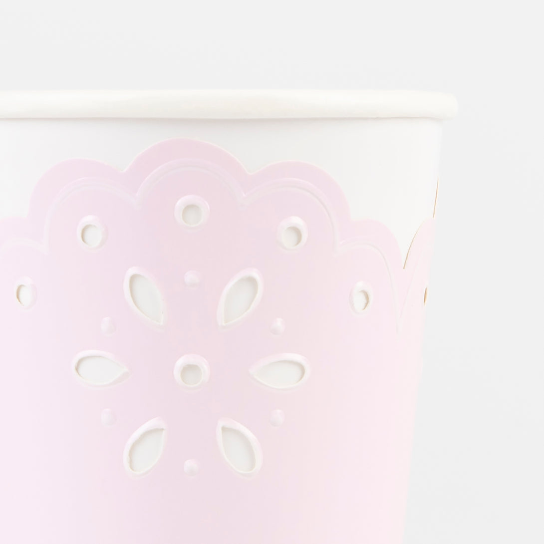 Our party cups are very pretty with their lace design and pink and peach colours.