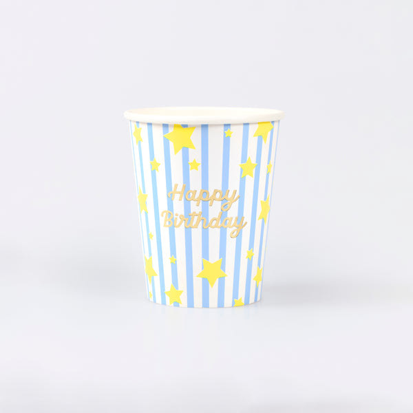 Our paper cups feature a shiny gold foil “Happy birthday” message, along with bright stripes and neon stars, great for hot and cold drinks. Image4