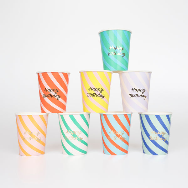 Our bright stripes party set has everything you need in a birthday supply set, with tableware, a cupcake kit, party hats and a mini garland.  Image1