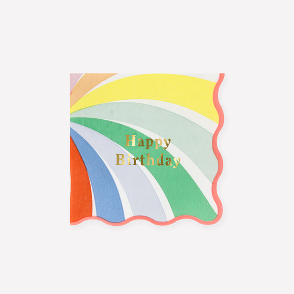 Our birthday paper napkins, in a small size, feature bright swirls of rainbow colours and a shiny gold foil Happy Birthday, colourful and fun. Image1