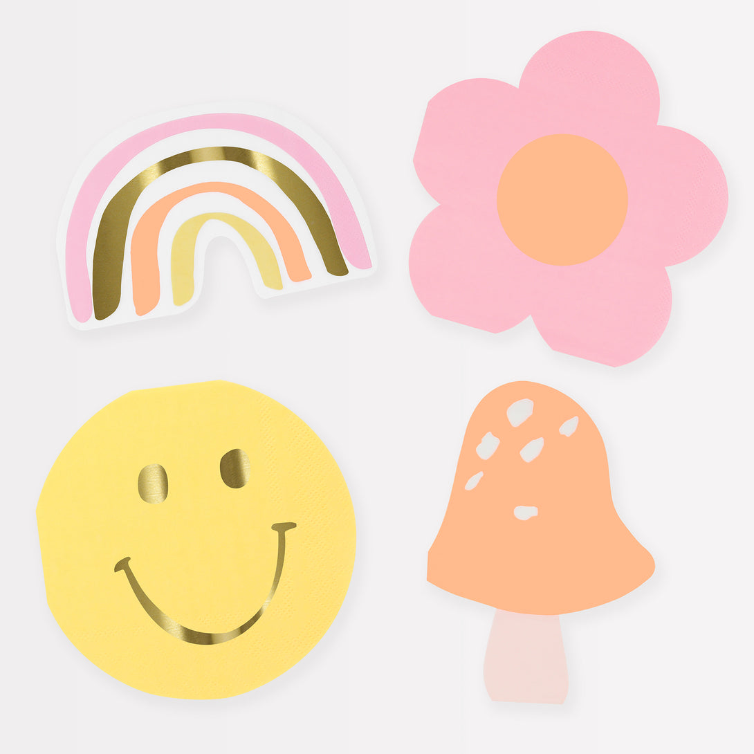Add a 90s vibe to your party table with our paper napkins in the shapes of rainbows, smiley faces, flower napkins and mushrooms.
