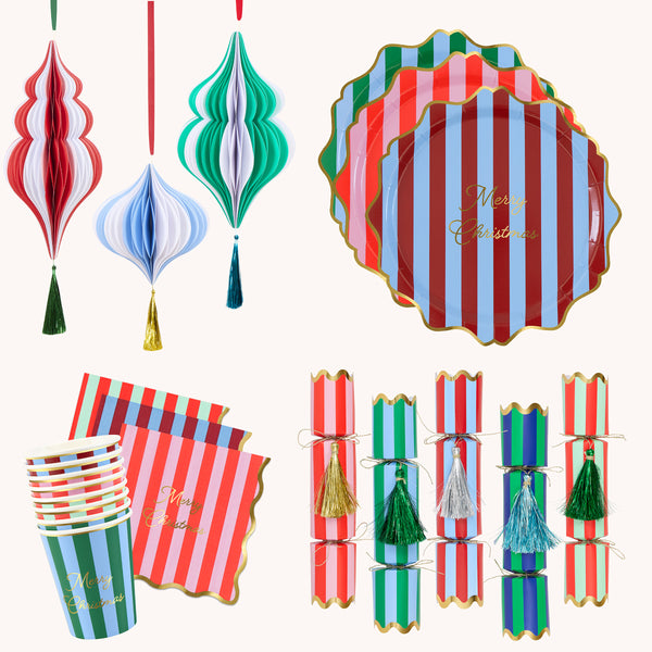 Our striped Christmas party set includes no-snap crackers, plates, napkins, cups and 3 elegant Christmas decorations. Image1