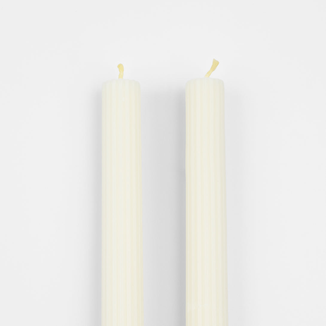 Our party candles, in a classic ivory shade with ridged details, look stunning on the mantel or party table.