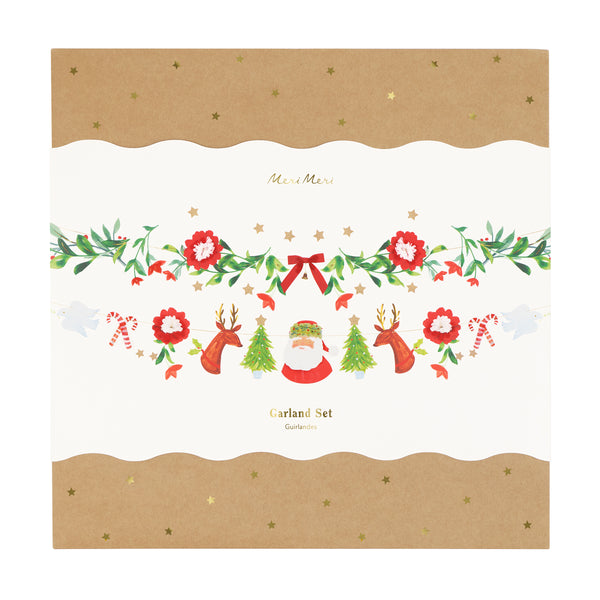 Our decorative set includes a Christmas garland with festive characters and another with foliage pennants, a velvet bow and a tinkling bell. Image4