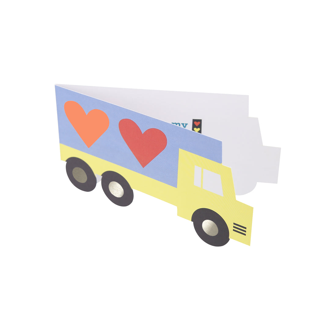 Our Valentine's cards for kids set include brightly coloured trucks and Valentine's stickers.