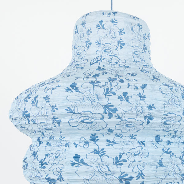 Our paper lanterns set, of three, come in mint, blue and pink, with round, wavy and oval shapes, with blue botanical illustrations and blue tassels. Image3