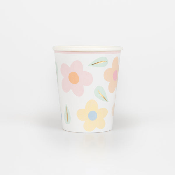 Our party cups have 90s inspired floral designs and shiny gold foil details.