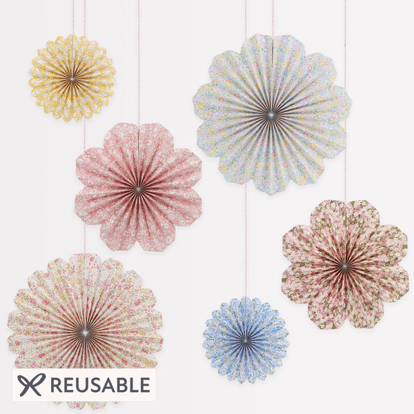 Our paper pinwheel decorations, with Liberty floral print patterns, are perfect as baby shower decorations and for all parties for all ages. Image1