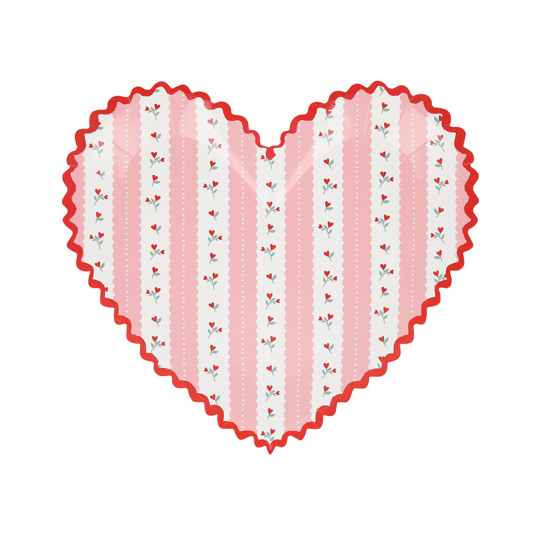 Our pink and red Valentine's plates are heart-shaped and have a pretty floral design.