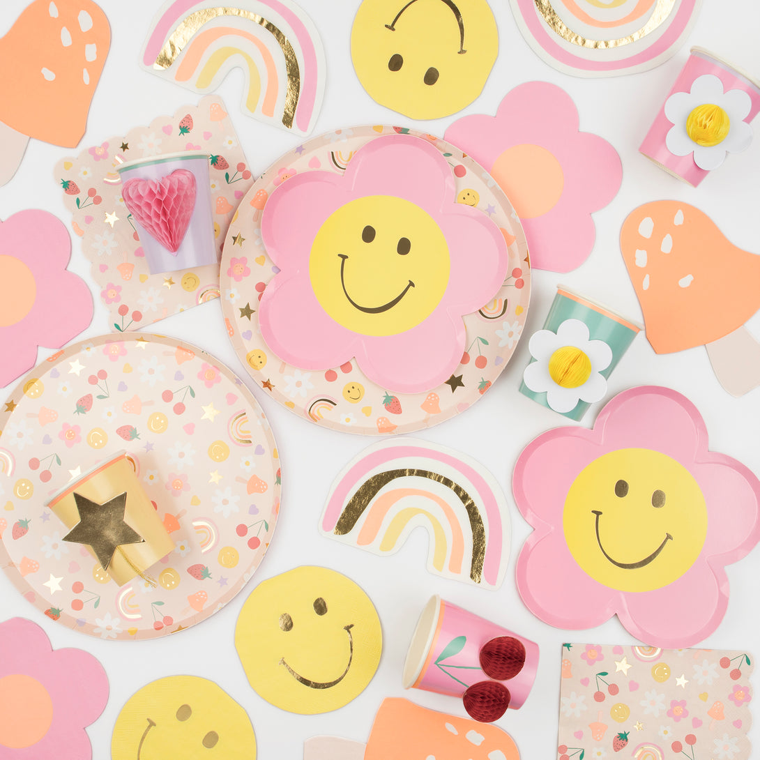 If you're looking for a colourful, cheerful 90s vibe for your birthday party plates you'll love our happy face designs.