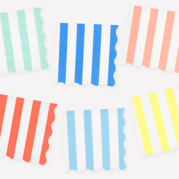 Our party napkins, made from 3-ply paper in a large size, features vibrant stripes in 6 colours, ideal for a pool party, beach party or picnic. Image1