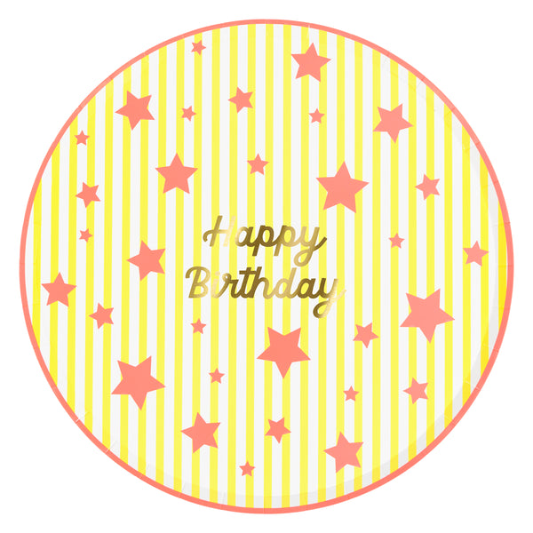 Our paper birthday plates, in a large dinner plate size, feature a shiny gold foil Happy Birthday message with stripes and neon stars, joyful! Image5