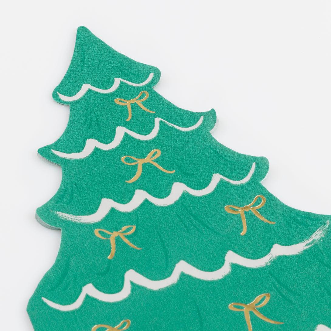 Our Christmas paper napkins are made in the shape of a Christmas tree with a stylish bow design, and gold foil details. Image2
