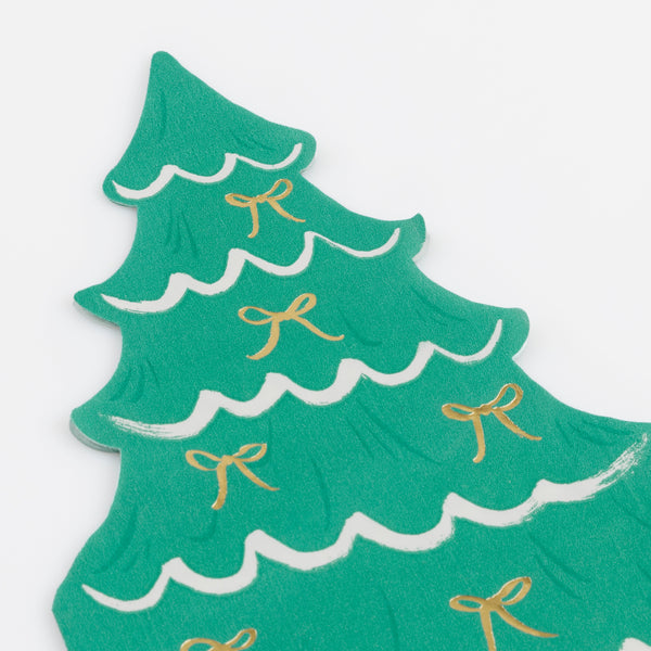Our Christmas paper napkins are made in the shape of a Christmas tree with a stylish bow design, and gold foil details. Image2