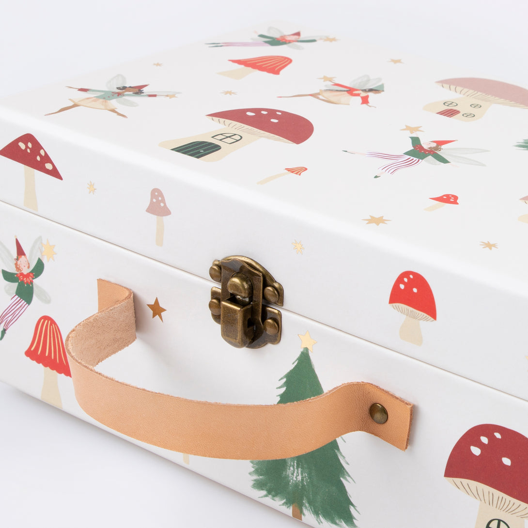 Our wooden advent calendar contains a woodland scene complete with paper fairies, presented in a suitcase, a fun interactive gift