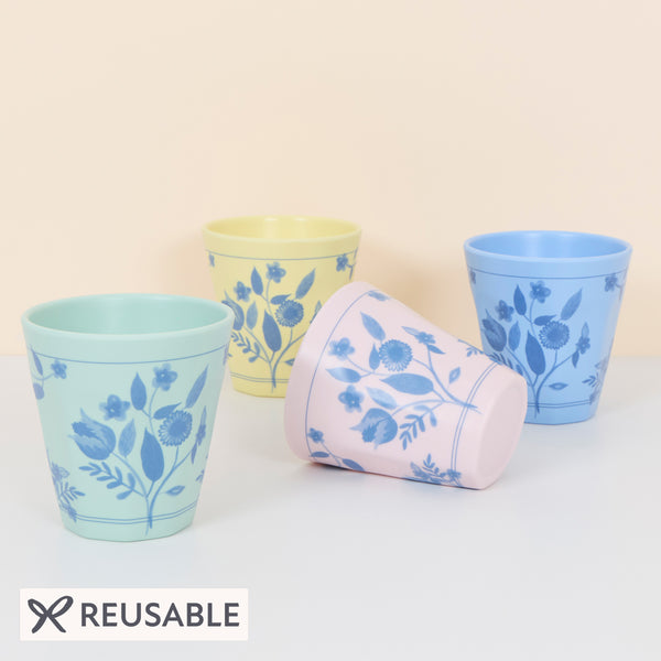 Our reusable melamine cups come in four pastel shades with a blue botanical print transfer, ideal for baby showers or bridal showers. Image1