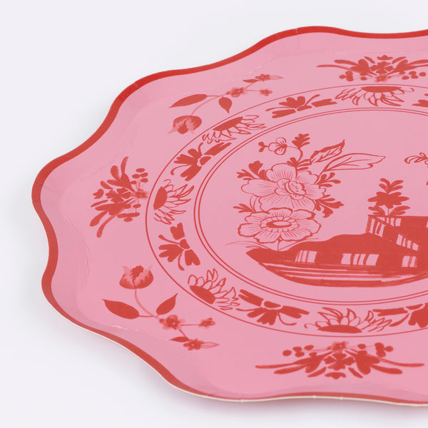Our paper plates, in two beautiful pink shades, feature a bridge and botanical illustrations, reminiscent of classic dinnerware patterns. Image3