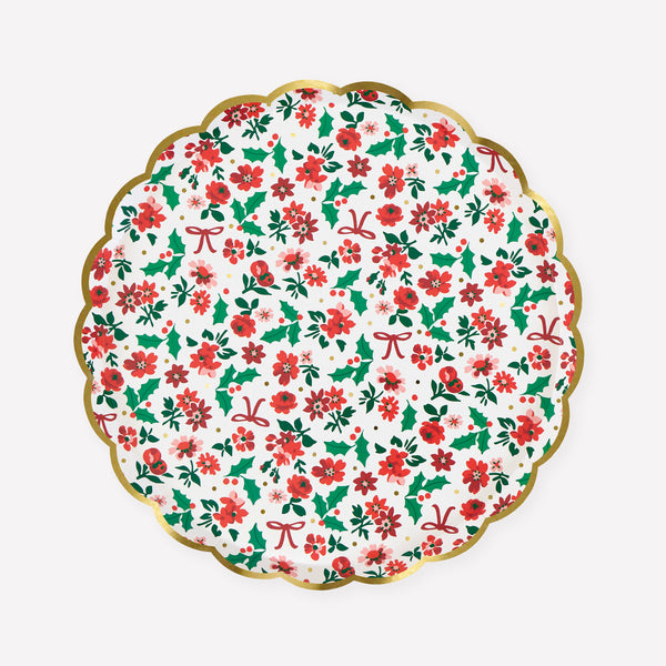Our Christmas paper plates  feature a beautiful floral ditsy design, with holly and bows, and a scalloped border for style. Image1