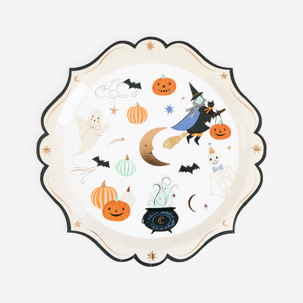 Our Halloween plates, made from paper and in a small plate size, feature happy characters in seasonal colours with pops of copper foil. Image1