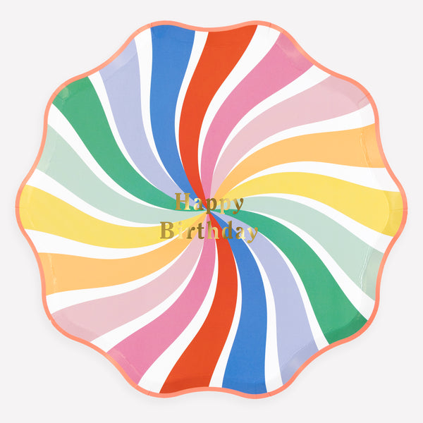 Our birthday plates, in large dinner plate size, feature a swirl of rainbow colours with the words Happy Birthday in shiny gold foil, joyful and fun. Image1