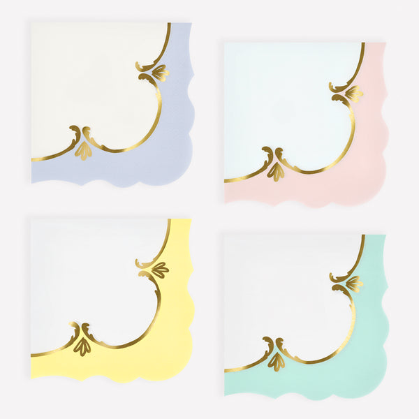Our party napkins, made from 3-ply paper, have an elegant rococo design, pretty pastel shades and stylish gold foil details. Image1